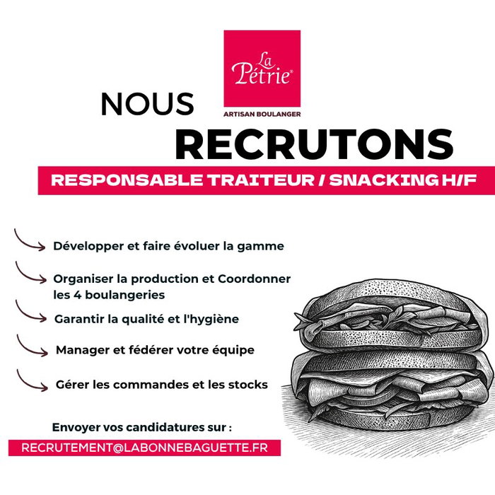 📣 LA PÉTRIE RECRUTE !

🥪 Responsable Traiteur & Snacking H/F

Envie de relever un nouveau défi et de faire évoluer une gamme snacking & trai